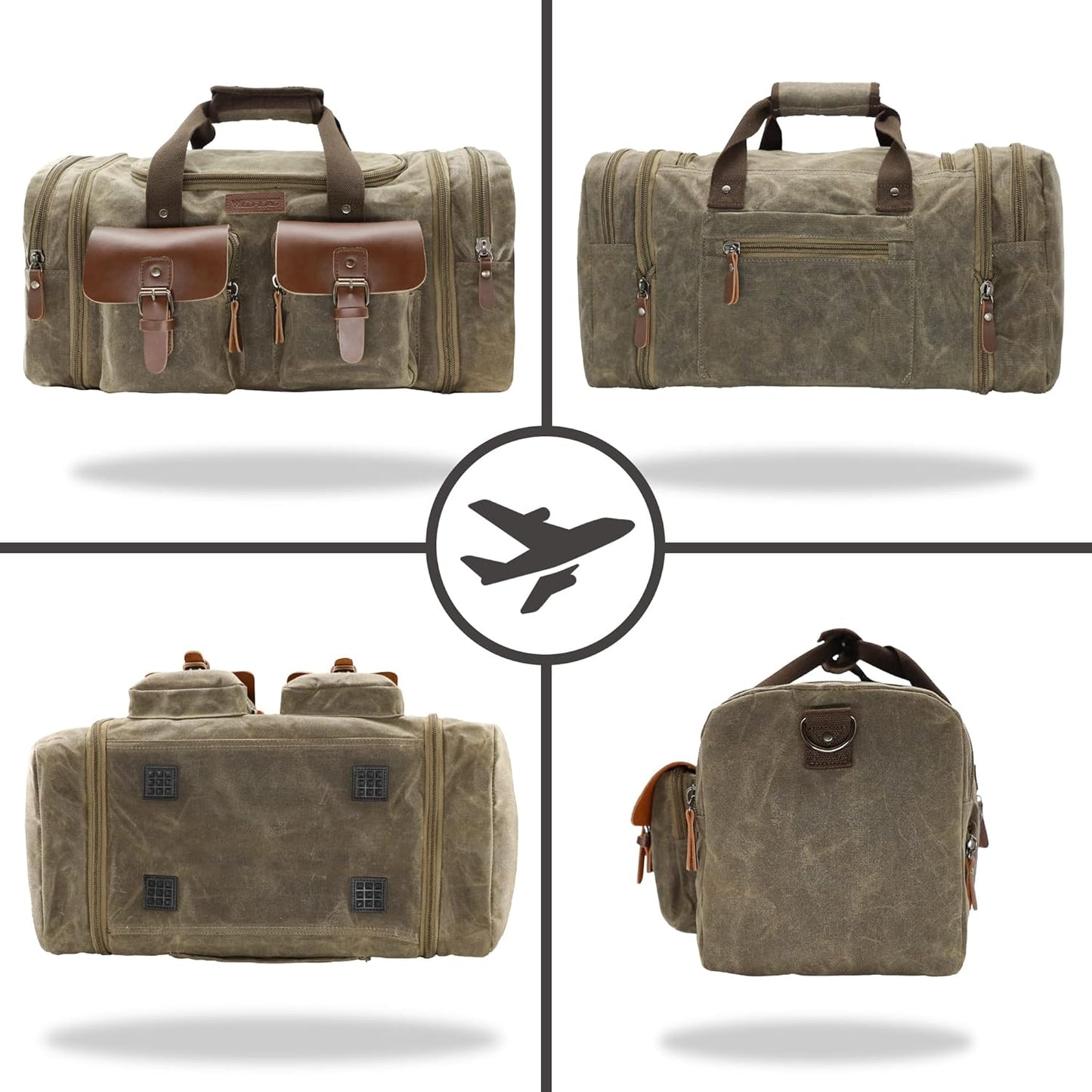 Wildroad Waxed Canvas Duffle Bag - 60L Waterproof Genuine Leather Weekender Overnight Travel Hand Bag