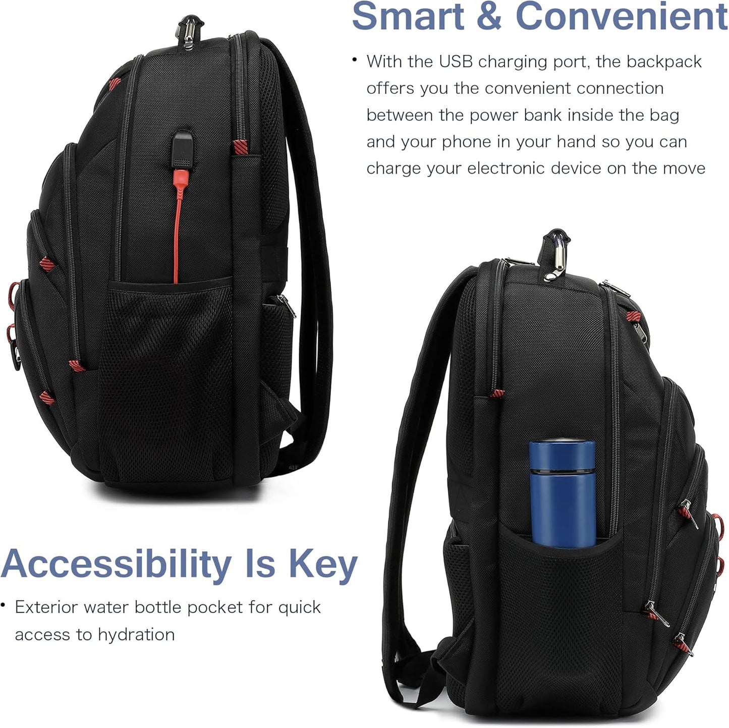 Boniyee Travel Backpack 17.3 Inch, Business Anti-Theft Laptop Bag with USB Charging Port, Waterproof