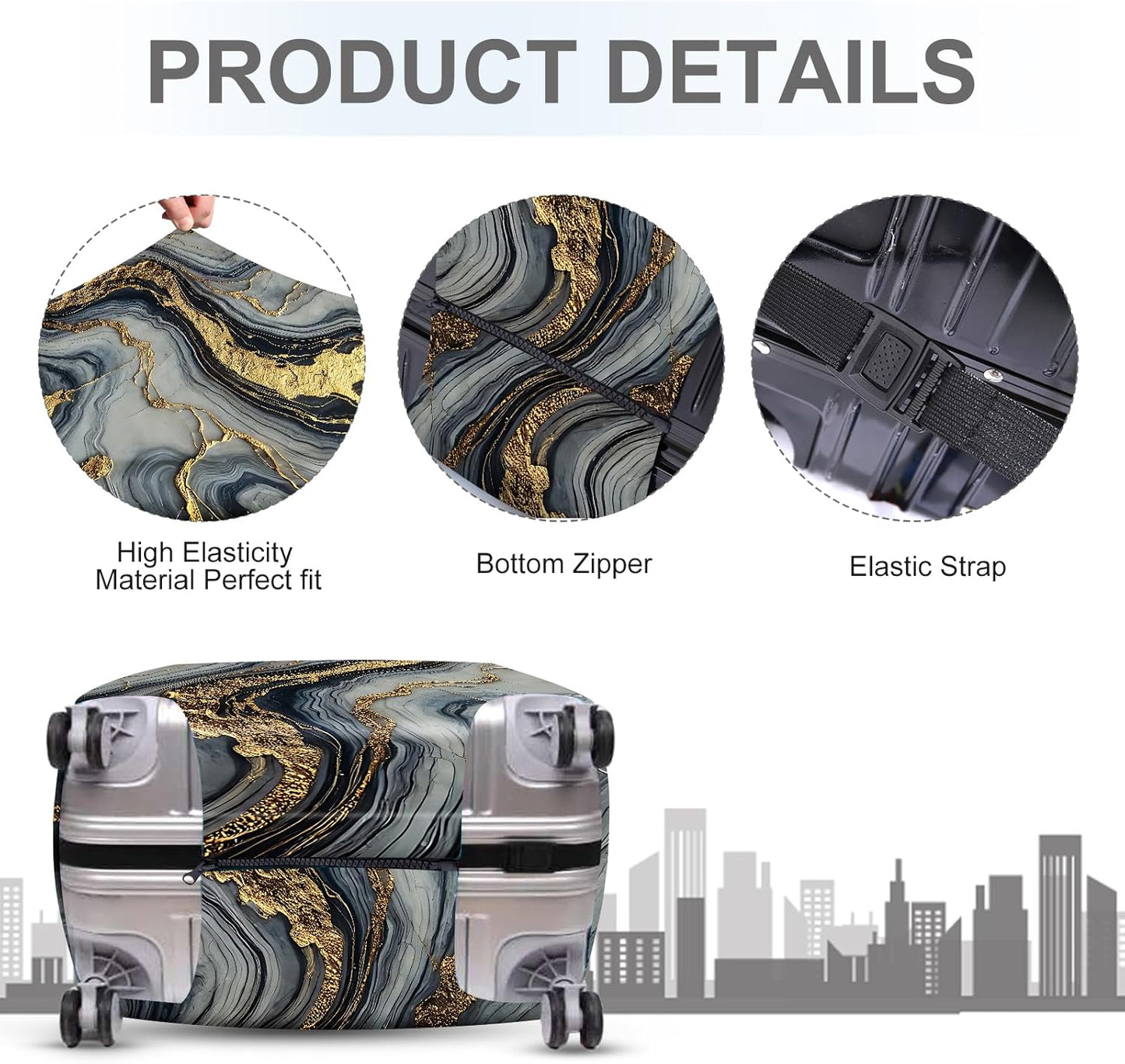 ANNA QUEEN Luxury Marble Gold Luggage Cover, Elegant Black & Grey Suitcase Protector with Faux Gold Vein Design, Stretchable, Washable Spandex Cover for 28-30 Inch Luggage