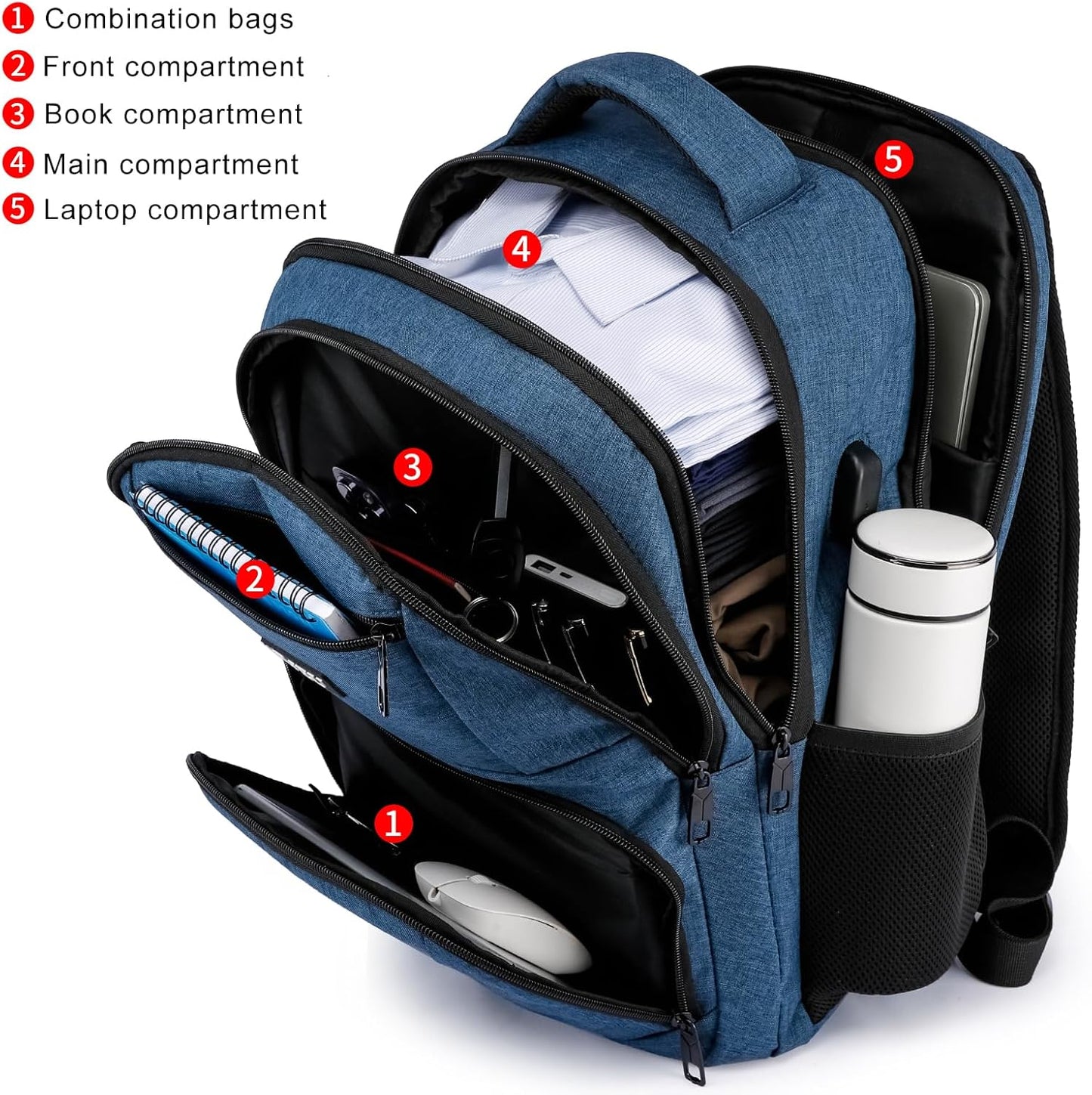 School Backpack for Teens & College Students - 15.6 Inch Laptop Backpack with USB Charging Port, Water Resistant Business Bookbag for Men, Boys, School, Blue