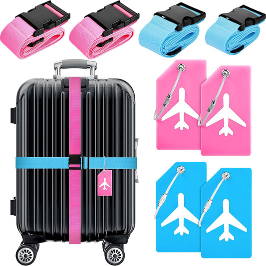 Weewooday 8 Pcs Luggage Straps Suitcase Tags Set for TSA Approved, 4 Travel Adjustable Suitcase Belt, 4 Silicone Luggage Tags with Name ID Card Travel Accessories(Pink, Light Blue,Airplane)