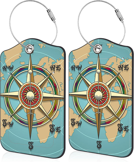Nautical Compass Retro World Map Luggage Tag for Suitcase 2 Pack Leather Luggage Tag with Privacy Flap Name ID Label and Metal Loop for Women Men Travel