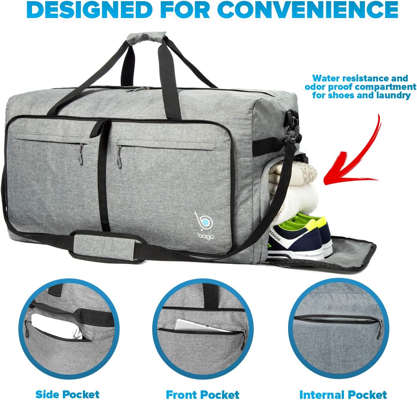 Bago Big XXL Foldable Duffel Bags for Traveling Women & Men - 140L Packable Duffle Bag for Travel with Shoe Compartment - Water Repellant, Heavy Duty, Lightweight Folding & Collapsible (SnowGray)