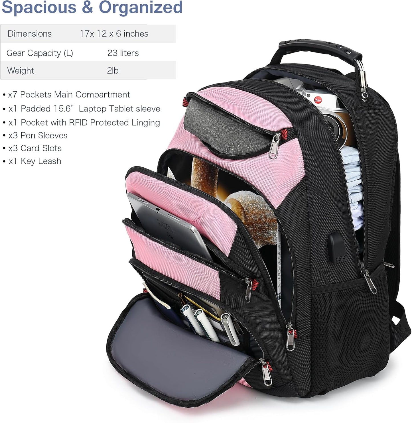 Boavan Laptop Backpack for men, 15.6 inch Laptop Bag with USB Port, Waterproof Travel Work Backpack Purse, Anti-Theft Teacher Nurse Doctor Casual Bookbags Office Business backpack，PinkBlack