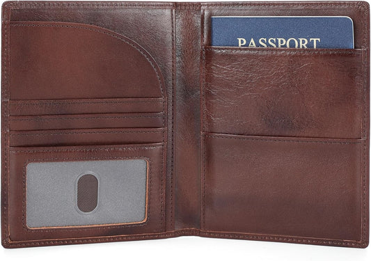 Polare Full Grain Leather Passport Holder RFID Blocking Travel Bifold Wallet Passport Holders 2 Passports (Coffee)