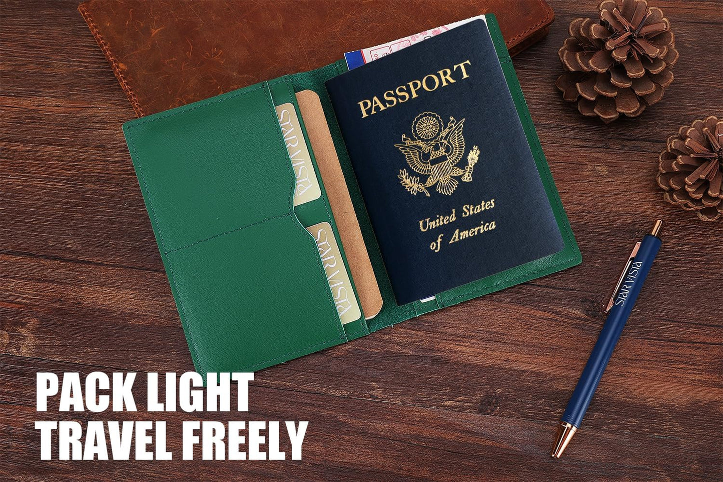 STAR VISTA Albatross Leather Travel Passport Holder, Minimalist Design, Calfskin Leather Case for Women and Men - Slim Passport Wallet, Bifold, RFID Blocking, with AirTag Holder, Green