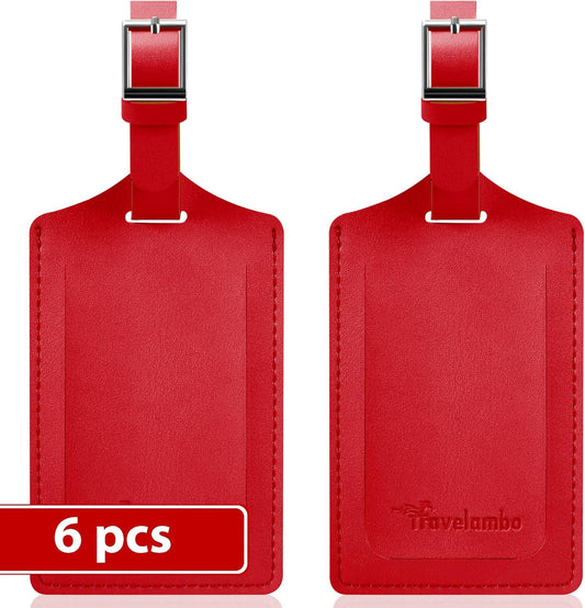 Travelambo Luggage Tags for Suitcases Faux Leather Privacy Protection 6 Pack Bag Tags Travel Accessories Essential, Deep Red
