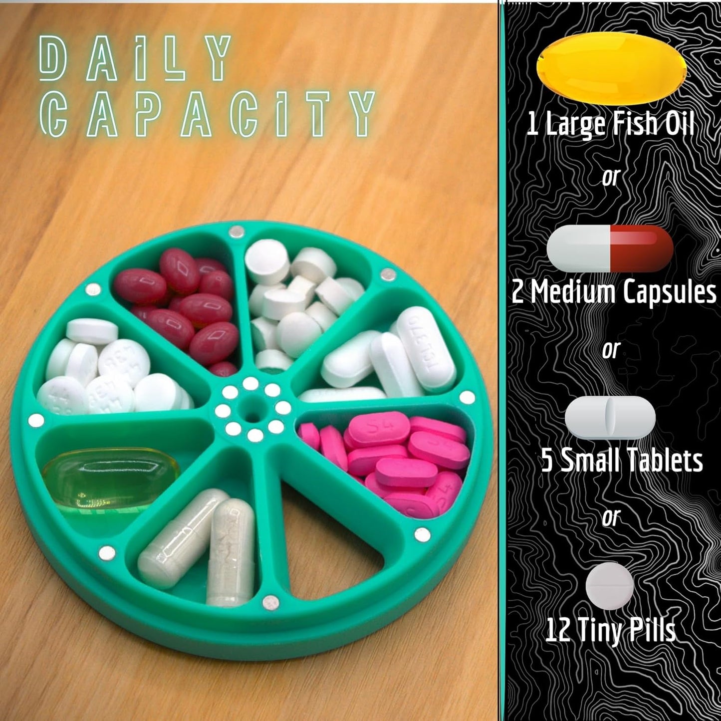 Travel RX Pill Case by Type Two Labs – Weekly 7 Day Pill Box, Compact Magnetic Pill Organizer for Purses or Pockets, Rugged Daily Caddy Holds Vitamins, Supplements, Medication. (Stealthy Black)