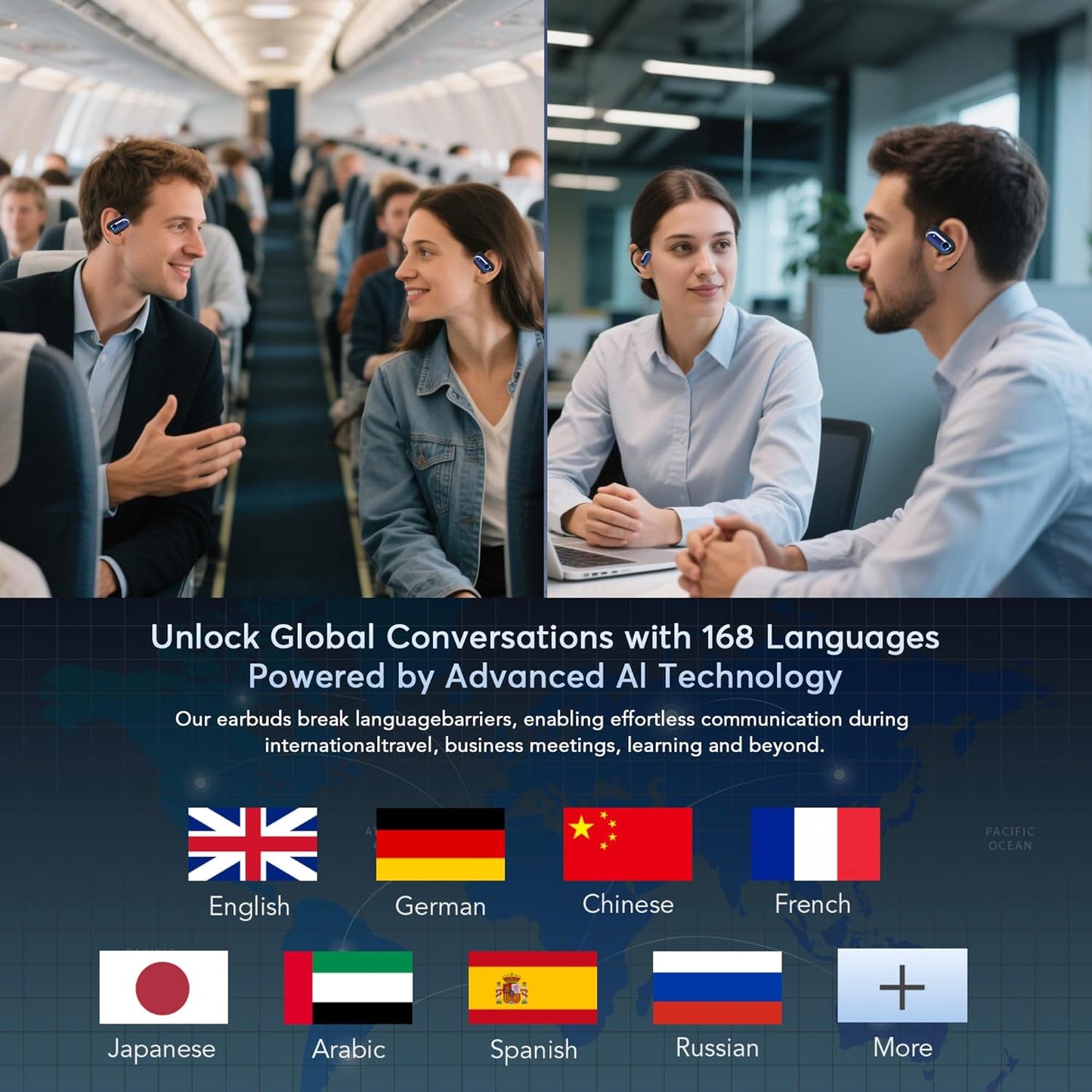168 Languages AI Live Translation Earbuds, 4-in-1 Smart Mode Bluetooth 5.4 Touch Screen Earphones Real-Time Headphones Translator, Fit iOS and Android Ideal for Business and Learning, Deep Blue