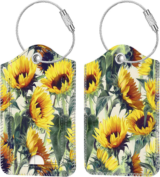 Fintie Luggage Tags, Privacy Cover ID Label with Stainless Steel Loop and Address Card for Travel Bag Suitcase - Sunflower (2 Piece)