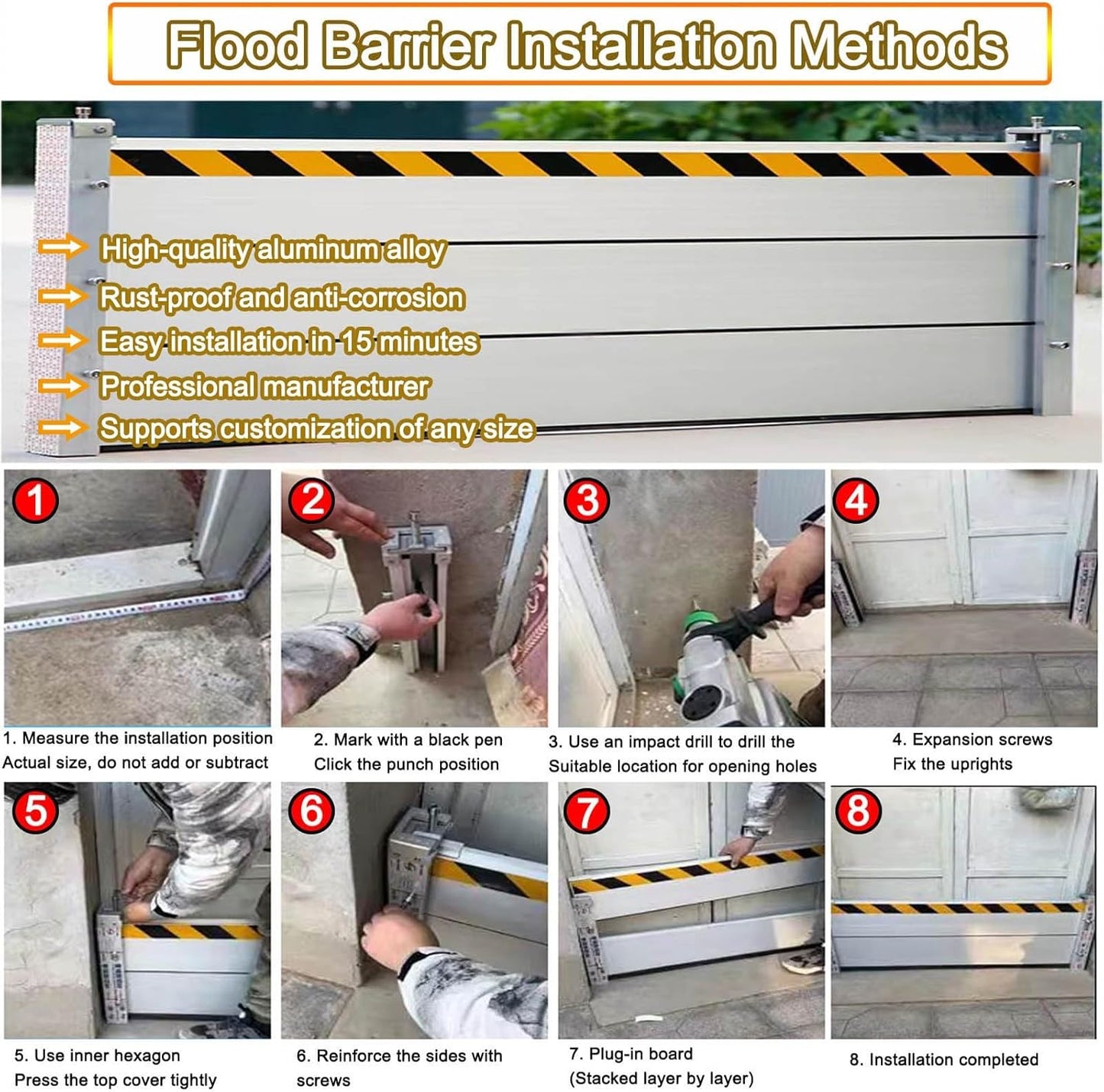 Reusable Flood Barrier, 3/4/5/6/7/8/9/10/11/12/13ft Long Heavy Duty Aluminum Water Barrier Shield for Sliding Glass Door/Driveway/Home Doorway, Removable Stopper Shield with Rubber(H 3.9ft