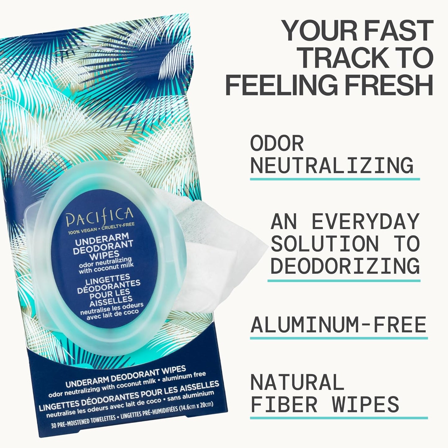 Pacifica Beauty Coconut Milk & Essential Oils Underarm Deodorant Wipes, Helps Remove Odor, Aluminum-Free, Vegan & Cruelty-Free, 30 Wipes (1-Pack)