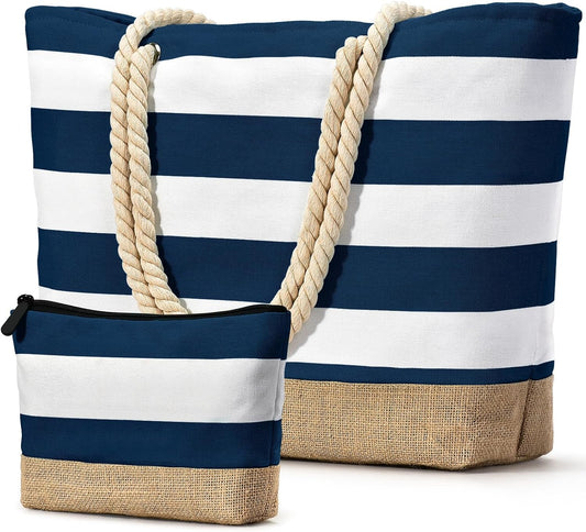Becokan Beach Bag Initial Beach Tote with Makeup Bag for Travel Work Storage Personalized Birthday Gifts for Women Her