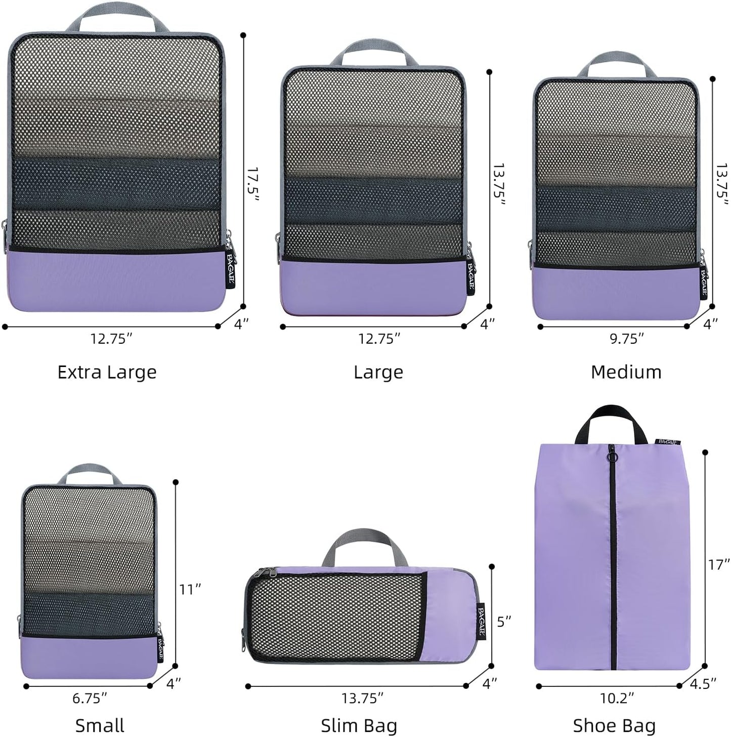 BAGAIL 4 Set/6 Set/8 Set Compression Packing Cubes Travel Accessories Expandable Packing Organizers (Half Mesh, 6-Lavender)