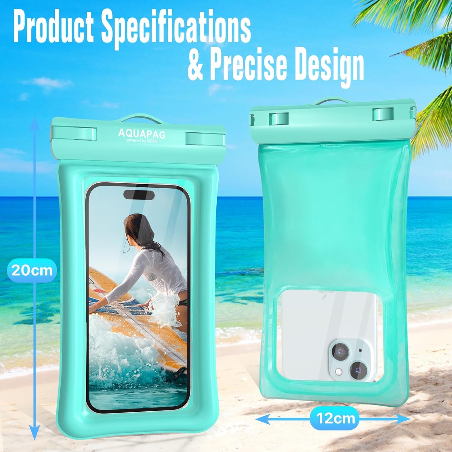 NEPHI IP68 Waterproof Phone Pouch 2 Pack-Up to 8.0"，Adjustable Neck Lanyard Floating Waterproof Phone Case for iPhone,Phone Dry Bags for Vacation Beach Pool Travel Essentials (Aqua Green 2 Pack)
