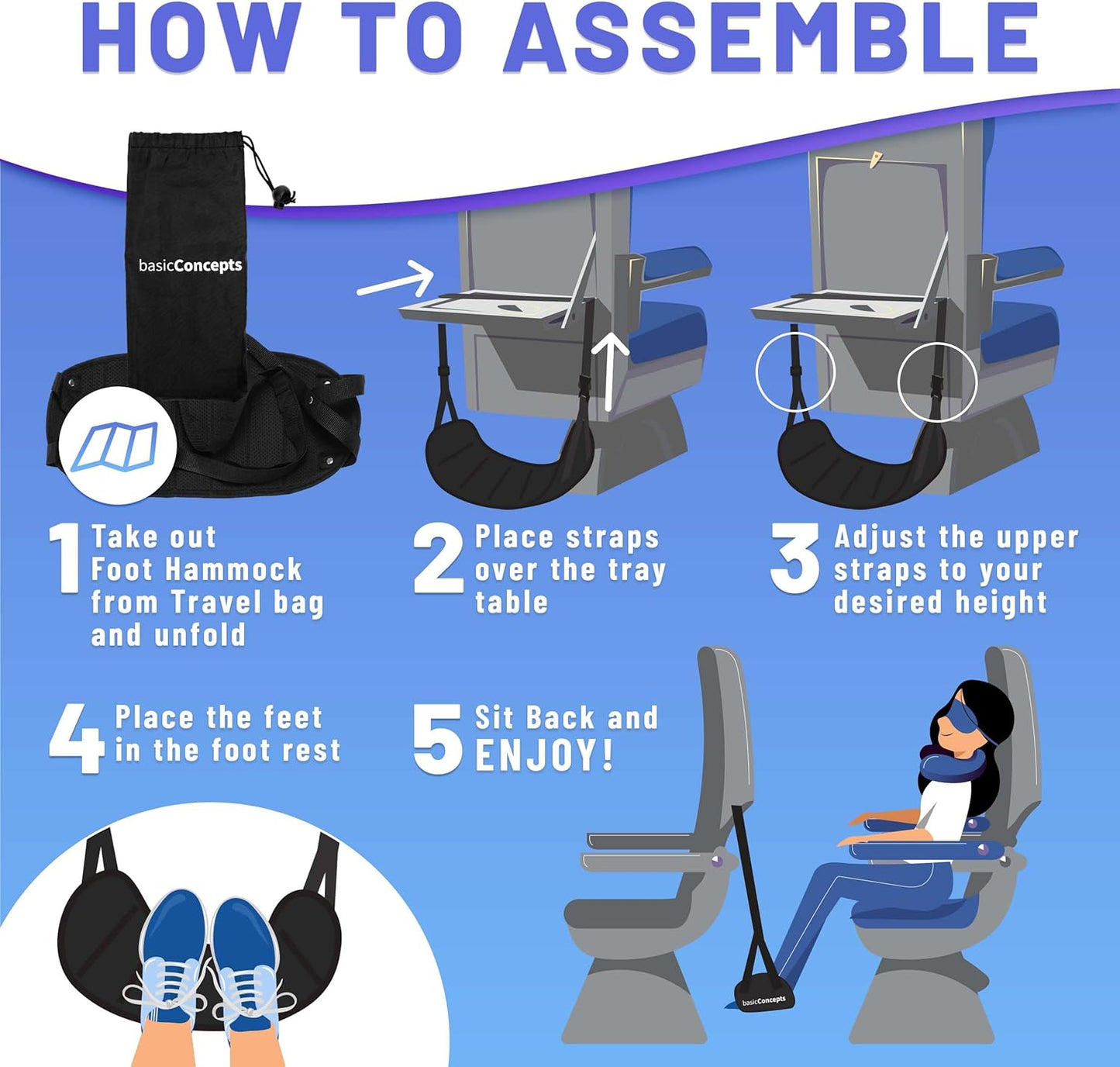 Airplane Foot Hammock (Memory Foam), Perfect Airplane Footrest to Relax Your Feet | Foot Hammock for Airplane Travel Accessories, Desk Foot Hammock, Travel Foot Rest, Comfy Foot Hanger Airplane