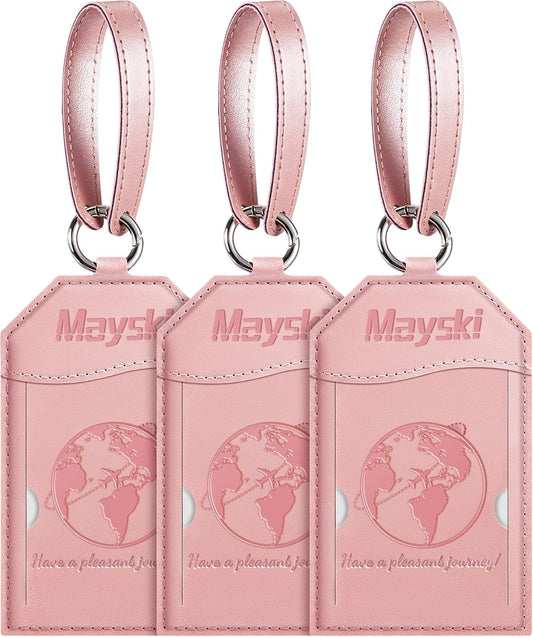 Mayski Luggage Tags for Suitcases 3 Pack Suitcase Bag Tags, TSA Approved, Metal Buckle, Bag Tags with Name ID Card Travel Essentials, Rose Gold Global