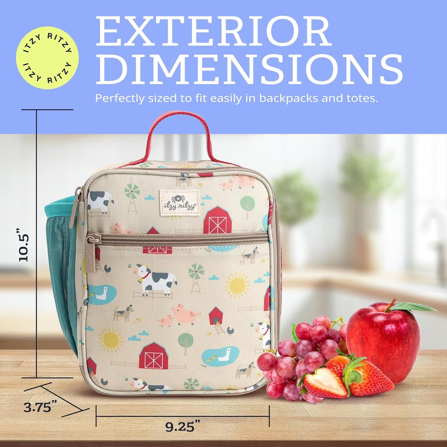 Itzy Ritzy Toddler Lunch Box - Kids Lunch Bag is Insulated and Includes Water Bottle Holder Plus 2 Pockets - Durable, Easy to Clean Toddler Bag (Farm)