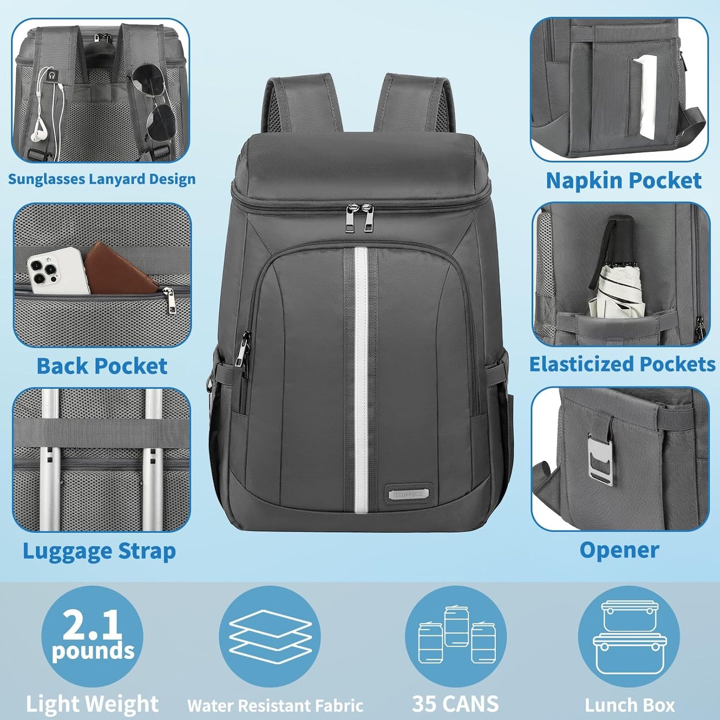 Backpack Cooler Insulated Leak Proof 35 Cans, 2 Insulated Compartments Thermal Bag, Portable Lightweight Beach Travel Camping Lunch Backpack for Men and Women, 30L, Reflective Stripes, Water-Resistant