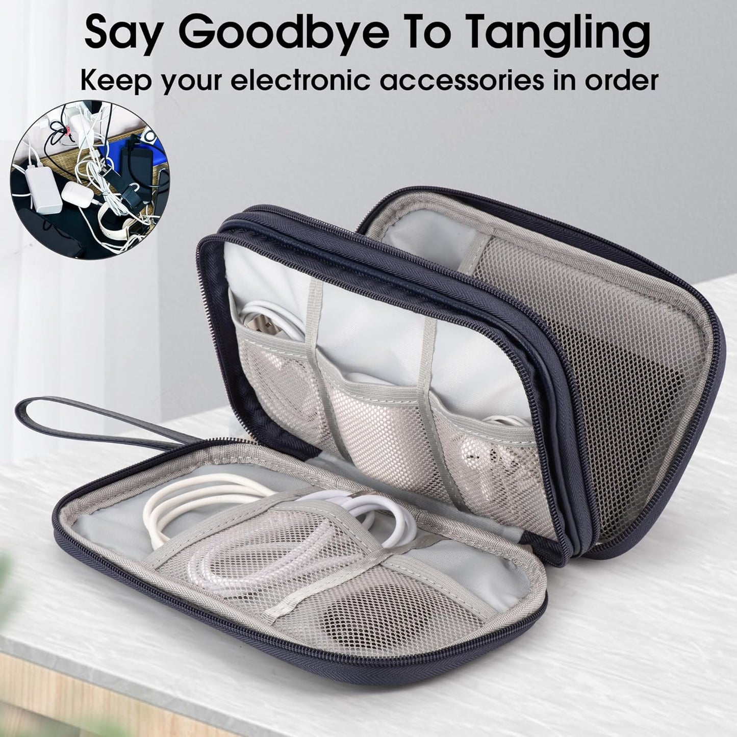 Leather Travel Electronic Organizer - Double Layer, Waterproof Case for Cables, Chargers, Phones & More - Portable, Shockproof Pouch for All Your Electronics Accessories (Dark Blue, M)