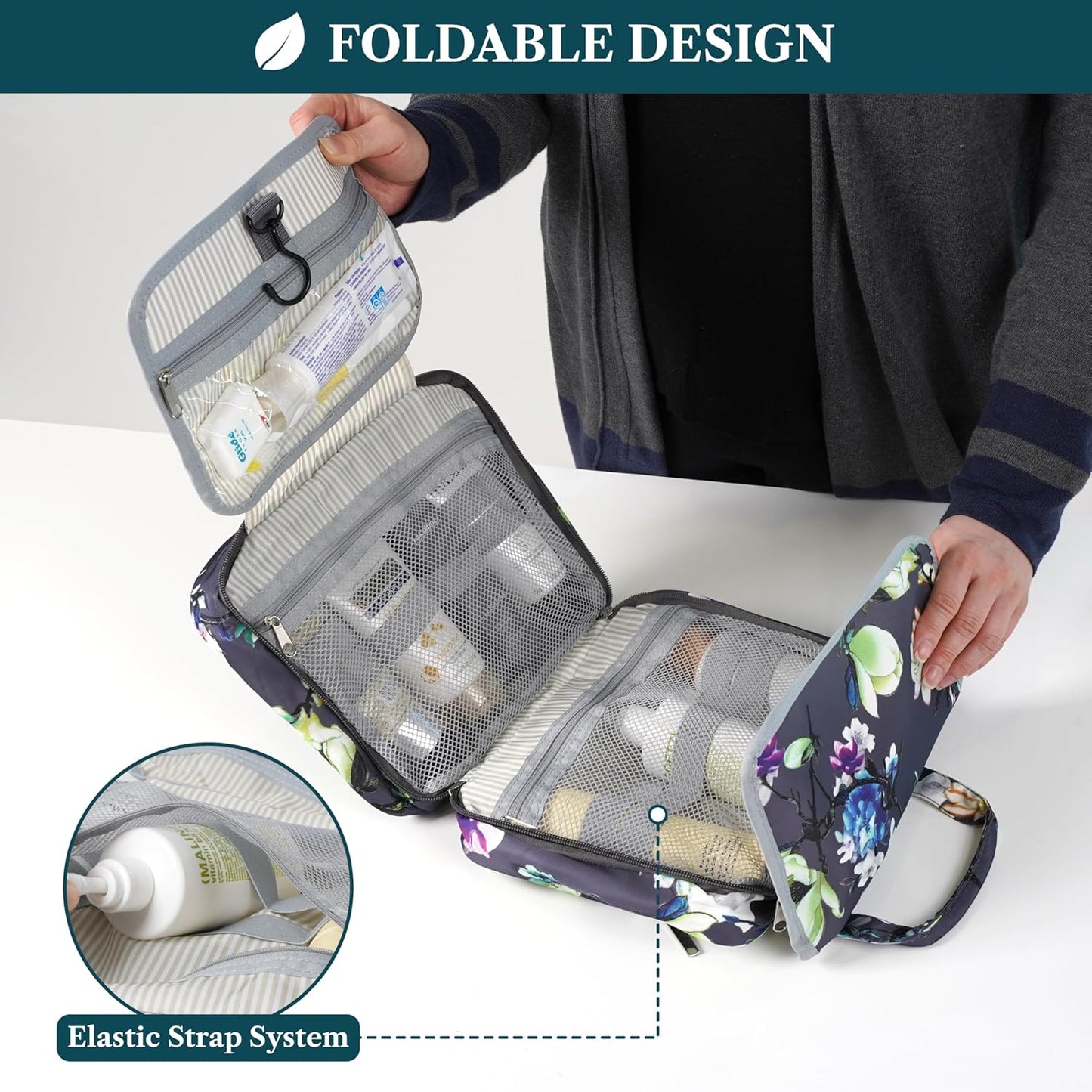 PAVILIA Hanging Toiletry Bag Travel Bag Women Men, Foldable Cosmetic Organizer, Roll up Makeup Bag, Water Resistant Accessories Toiletries, Large Travel Essentials Kit (Grey Floral)