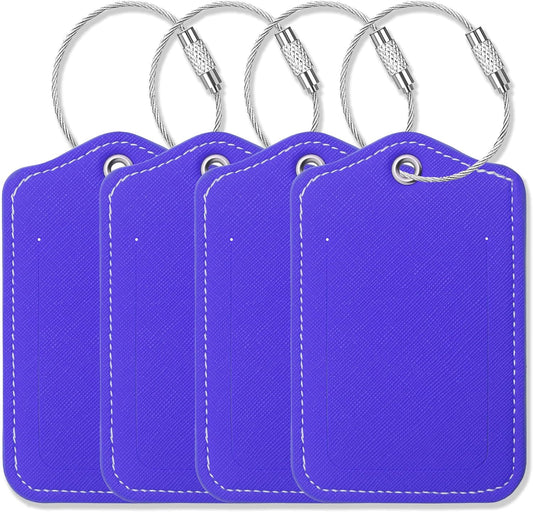 Luggage Tags for Suitcases-Leather Luggage Tag 4 Pack with Loops Cute Bag/Backpack/Suitcase Tags Travel Essentials for Flying (Royal Blue)