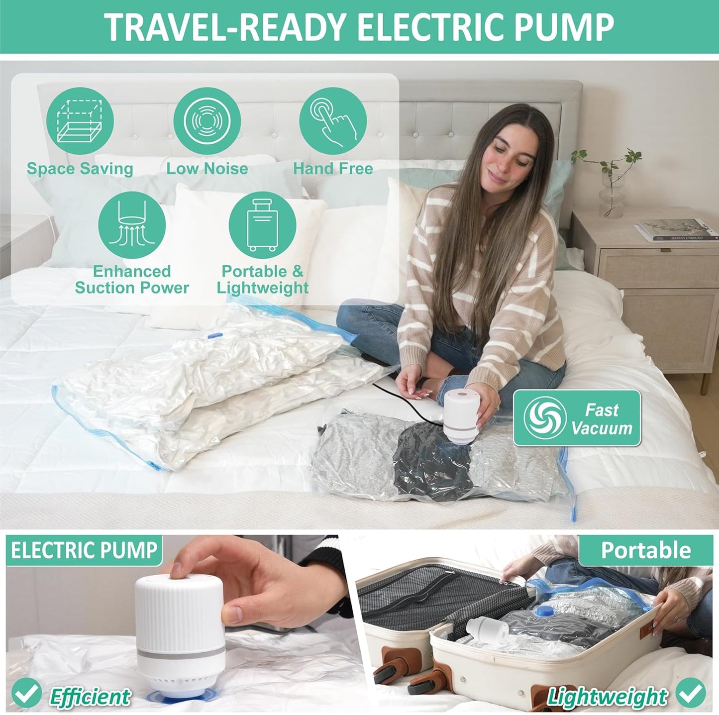 Cozy Essential 20 Pack Vacuum Storage Bags with Electric Pump, Vacuum Seal Space Saver Bags for Clothing, Pillows, Blanket, Bedding, Comforters