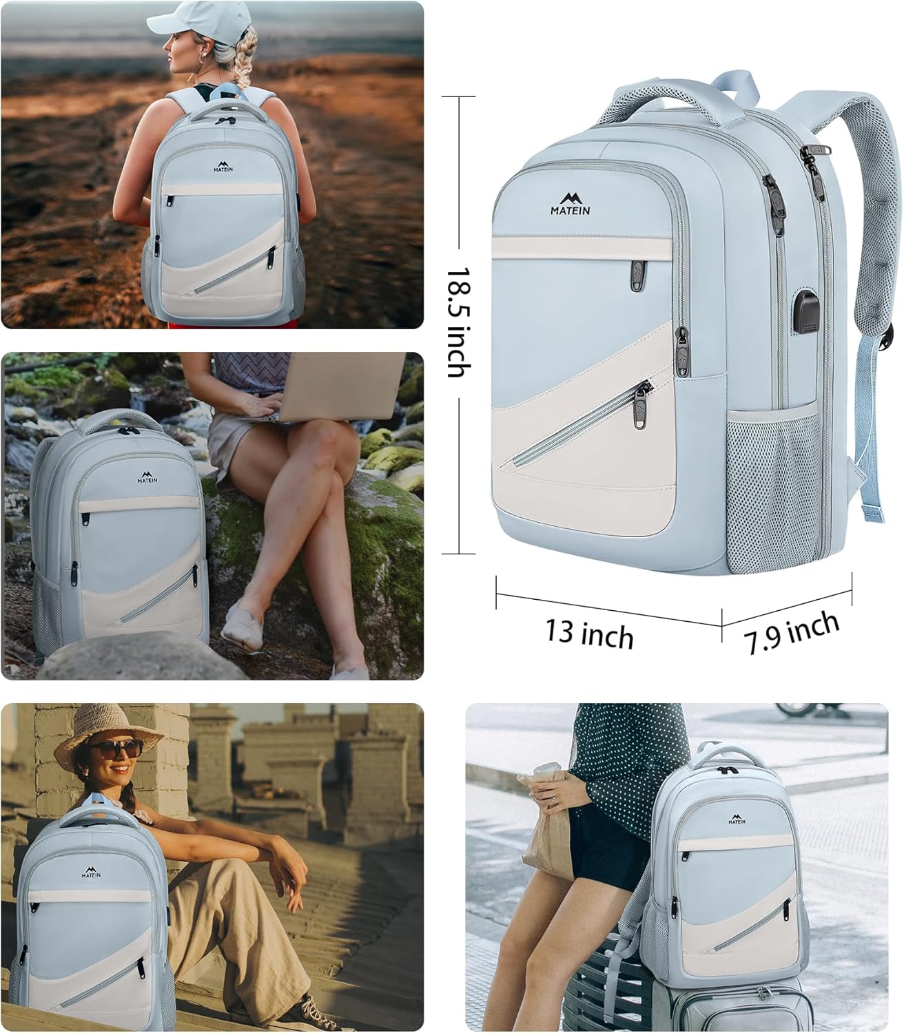 MATEIN 30 L Large Laptop Backpack, Stylish Lightweight Nursing Teacher Work Backpack with USB Charging Port, College Travel Comupter Bag Soft and Comfortable for Daily, Blue Beige