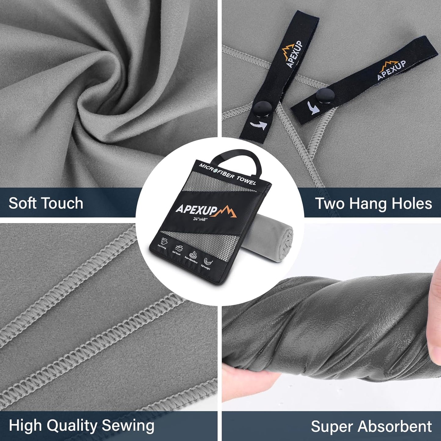 APEXUP Microfiber Travel Towel, Ultra Absorbent Quick Dry Towels, Lightweight Gym Sports Camping Towel for Workout, Yoga, Beach, Shower, Swimming (24"×12", Gray)