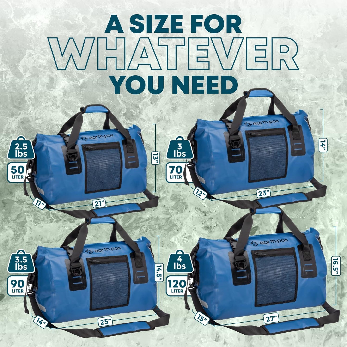 Earth Pak Waterproof Duffel Bag - Heavy Duty Motorcycle Dry Bag with Large Storage Space Perfect for Traveling, Camping, Kayaking, Fishing & Canoeing Bag 50L/70L/90L/120L Sizes