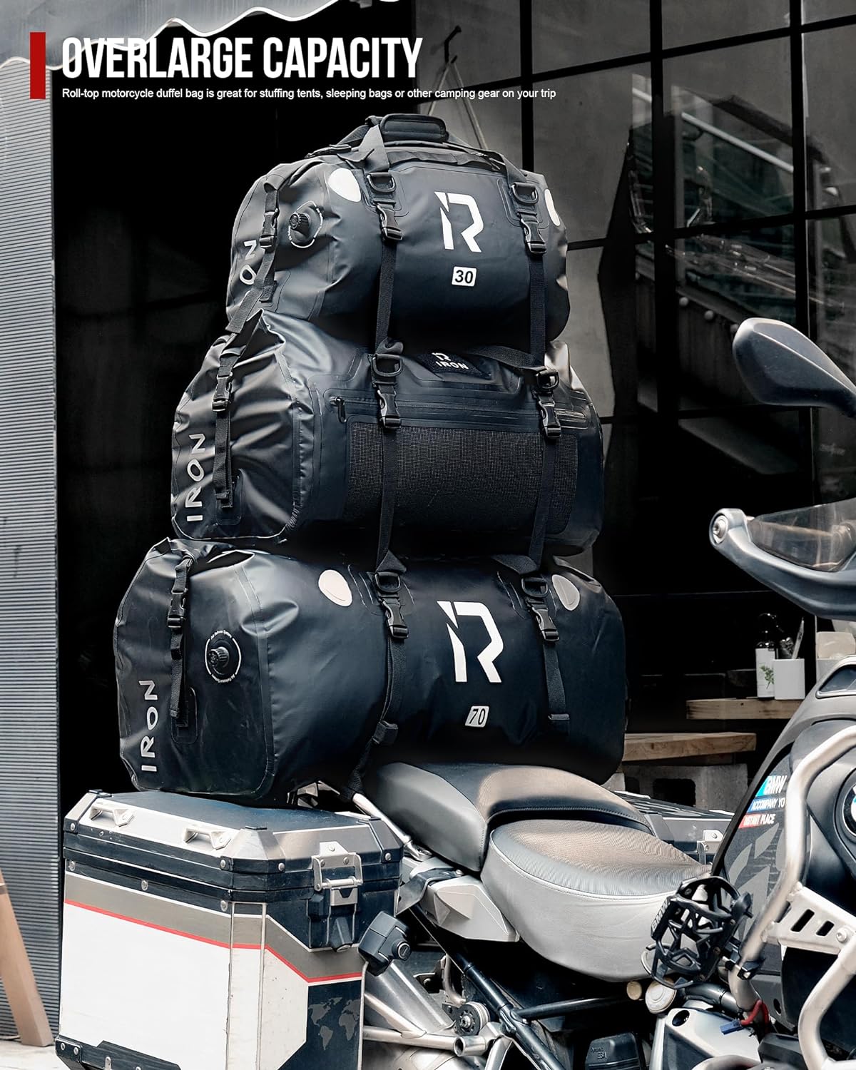 IRON JIA'S Motorcycle Dry Bag - Waterproof Duffle & Luggage Tail Bag Saddle Bags with Roll Top Closure, Shoulder Straps, Inner Pocket and Mesh Pocket (Brown, 50L)