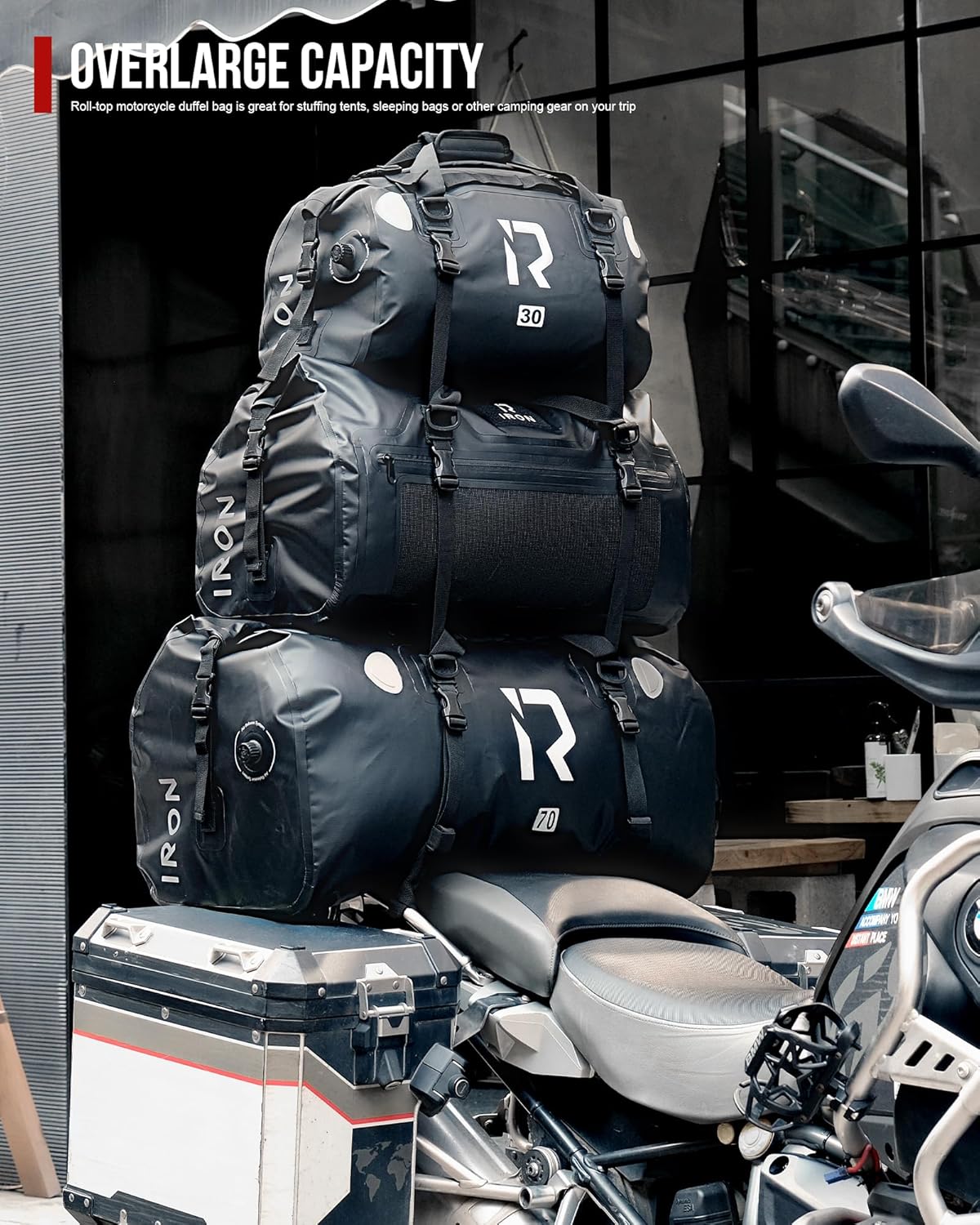 IRON JIA'S Motorcycle Dry Bag - Waterproof Duffle & Luggage Tail Bag Saddle Bags with Roll Top Closure, Shoulder Straps, Inner Pocket and Mesh Pocket (Purple, 30L)
