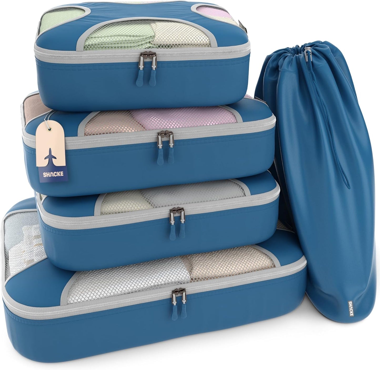 Shacke Premium 5 Packing Cubes Set - Lightweight Mesh Travel Luggage Organizers with Laundry Bag, 5-Piece Suitcase Storage System (Navy)