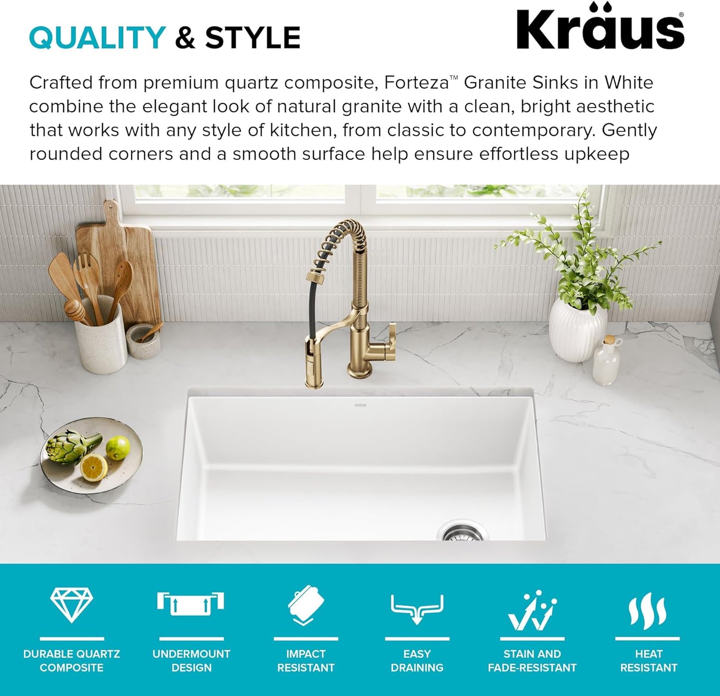KRAUS Forteza 32-inch Granite Undermount Single Bowl White Kitchen Sink, KGU-55WHITE