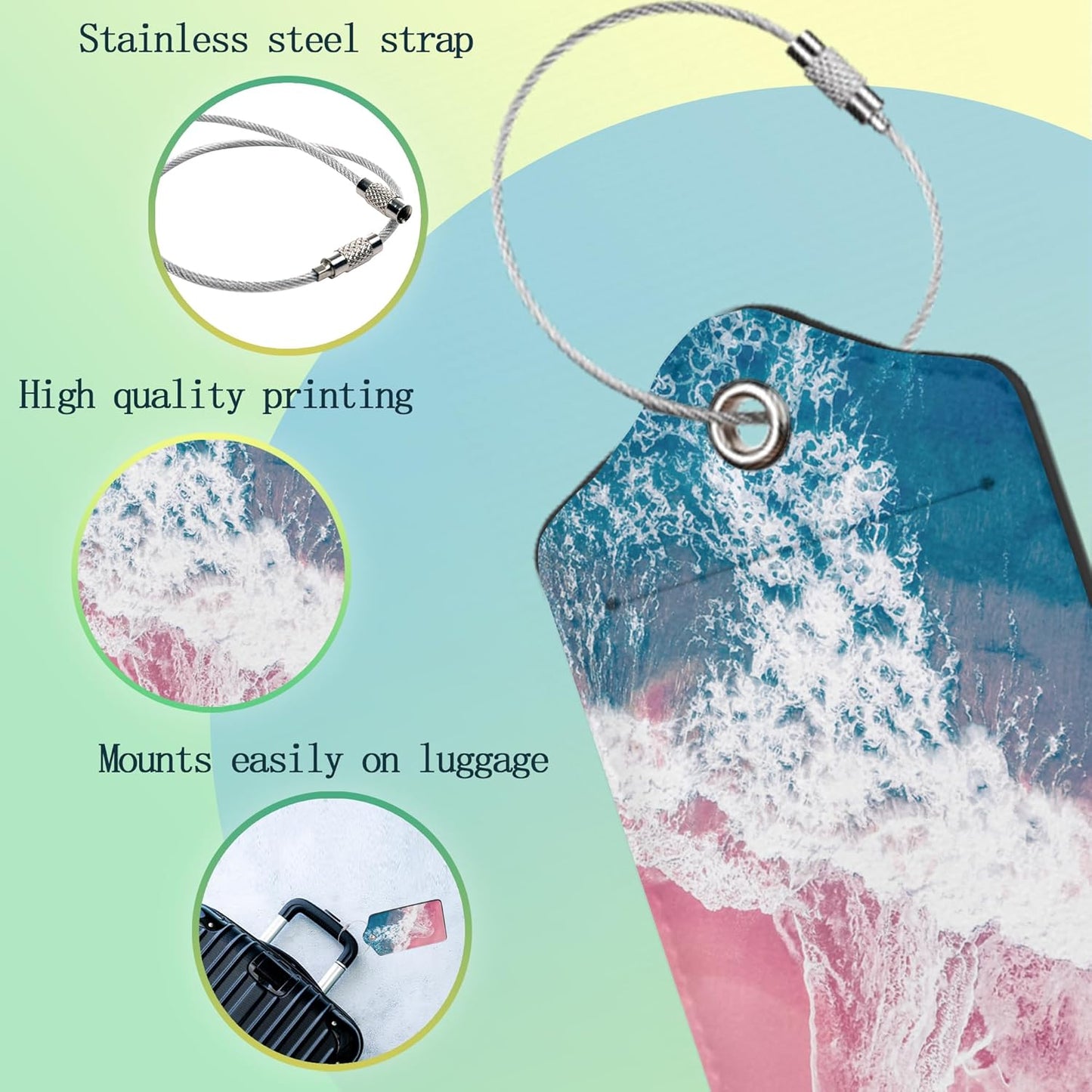 Luggage Tags for Suitcase,2 Pack Pink Beach Blue Ocean Luggage Tag PU Leather Privacy Cover ID Label with Stainless Steel Loop for Women Men Teens Travel