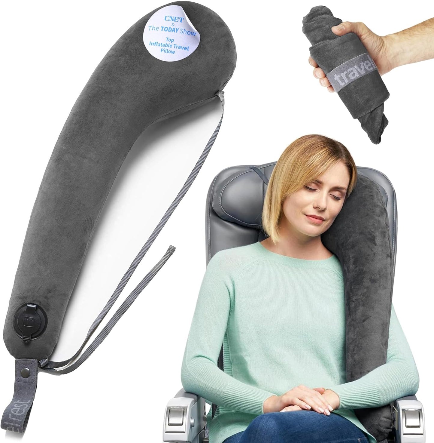 TRAVELREST All-in-One Neck & Body Pillow, Advanced Support Design, Travel Essential, Memory Foam Inserts, Inflatable, Airplane & Car Seat, Sleeping on Long Flight & Trips, Grey (Washable Velour Cover)