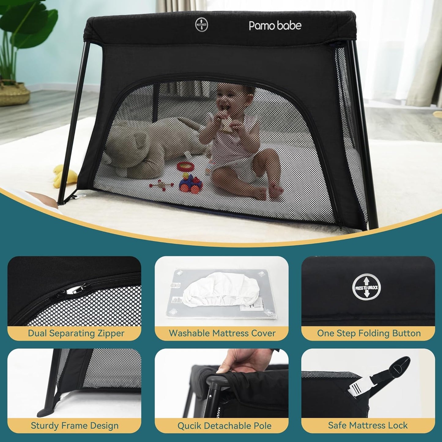 Pamo Babe Travel Crib Lightweight Baby Playard with Mattress Compact Play Yard with Detachable Legs