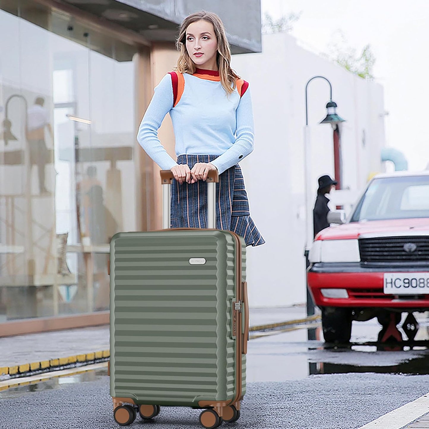 SHOWKOO Carry On Luggage Hardshell Lightweight Luggage Set, Suitcase with Double Spinner Wheels Tsa Lock White 3 piece set Green (DB/TB/20in)
