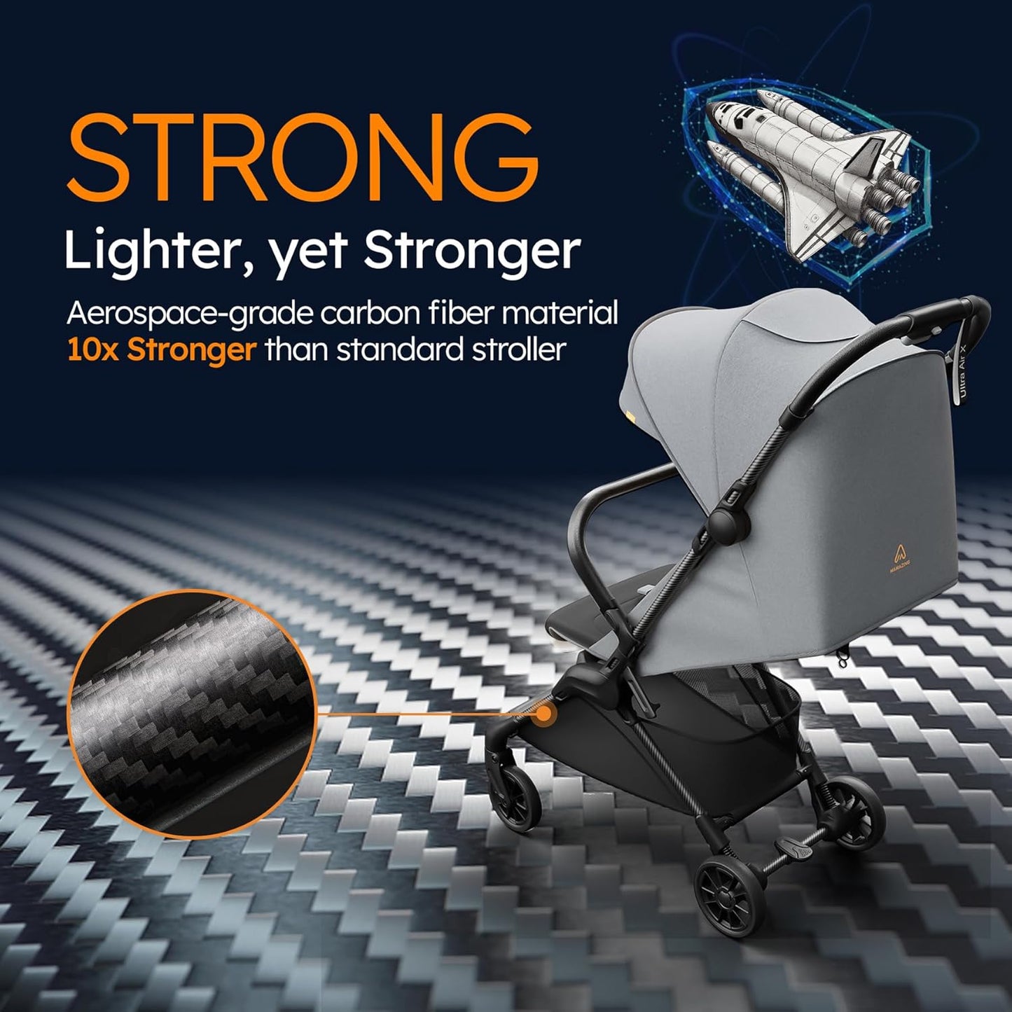 MAMAZING Ultra Air X Travel Stroller - Ultra-Lightweight Under 10 lbs, Carbon Fiber Frame & Airplane Friendly, Lightweight Stroller with Reclining Seat, UPF 50+ Canopy & Travel Bag