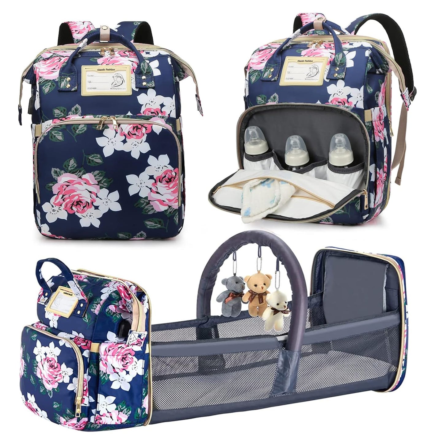 Diaper Bag Backpack with Changing Station, Foldable for Bady Toddler, 3 in 1 Large Capacity Newborn Essentials Organizer with Stroller Hook for Girls and Boys（Blue）