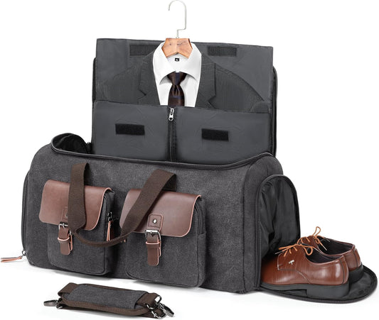 Canvas Garment Bags for Travel, Convertible Carry On Garment Duffel Bag for Men Women, 2 in 1 Suit Bag Hanging Suitcase Business Travel Bag with Shoe Compartment (Grey, XL)