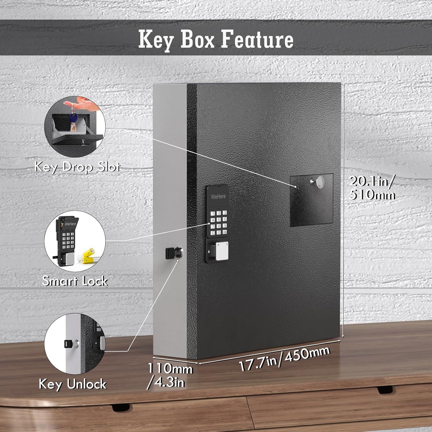 WeHere 56 Keys Lock Box, Key Cabinet with Key Drop Slot, APP Bluetooth/OTP/Wi-Fi, Fixed Code/Key Unlock, Large Key Return Box for Hotel,Car Dealerships,Realtors,Office,School