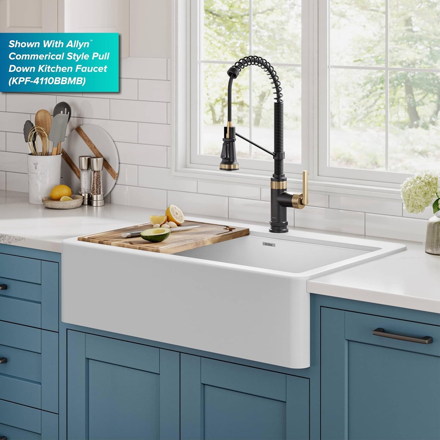 KRAUS Bellucci 33” Workstation Drop In Retrofit Farmhouse Single Bowl Granite Kitchen Sink in White with Accessories