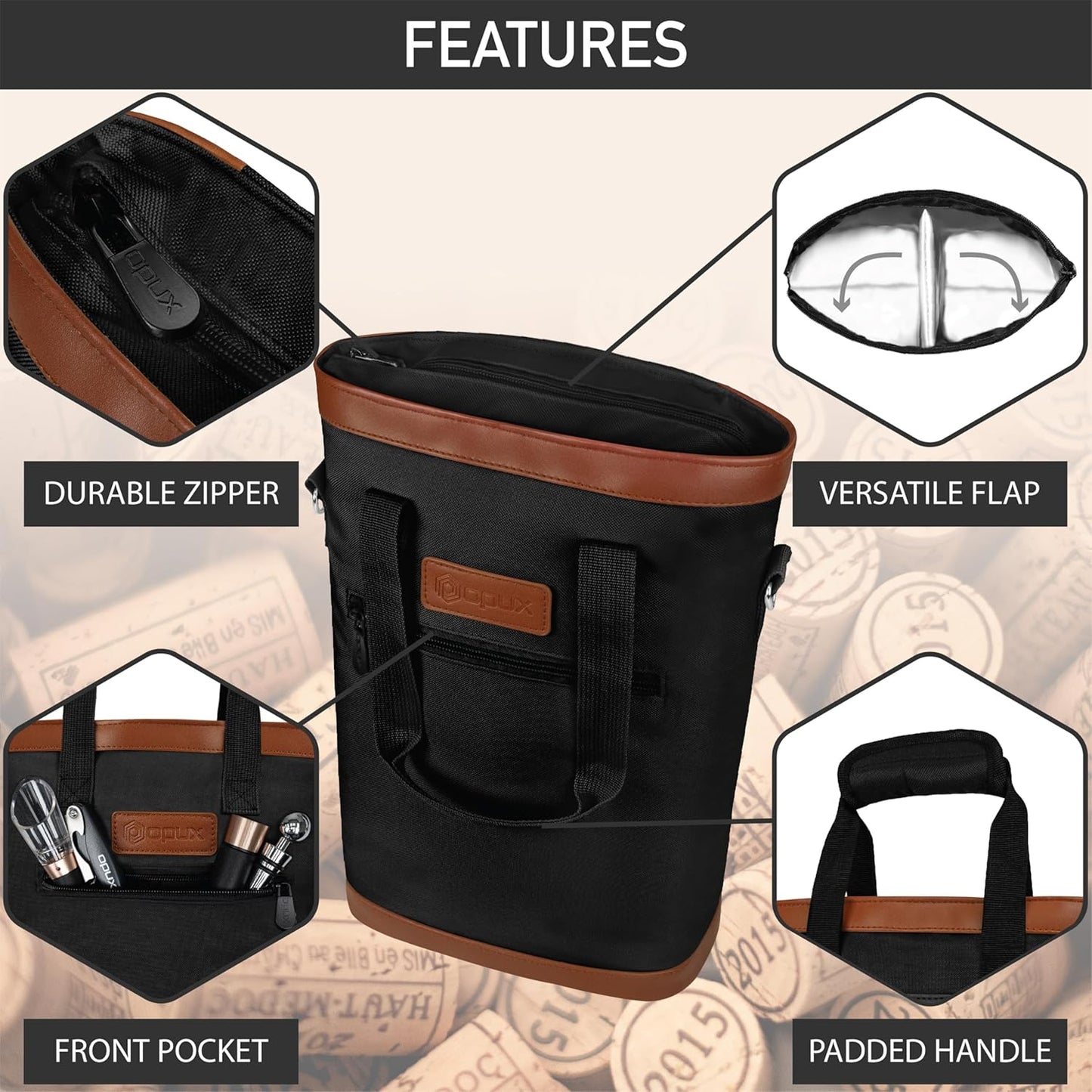 opux Two Bottle Wine Bag Carrier Tote, Insulated Leakproof 2 Bottle Wine Cooler Bag for Travel BYOB Picnic, Portable Wine Case, Gift for Men Women Wine Lover Birthday Party Christmas, Black