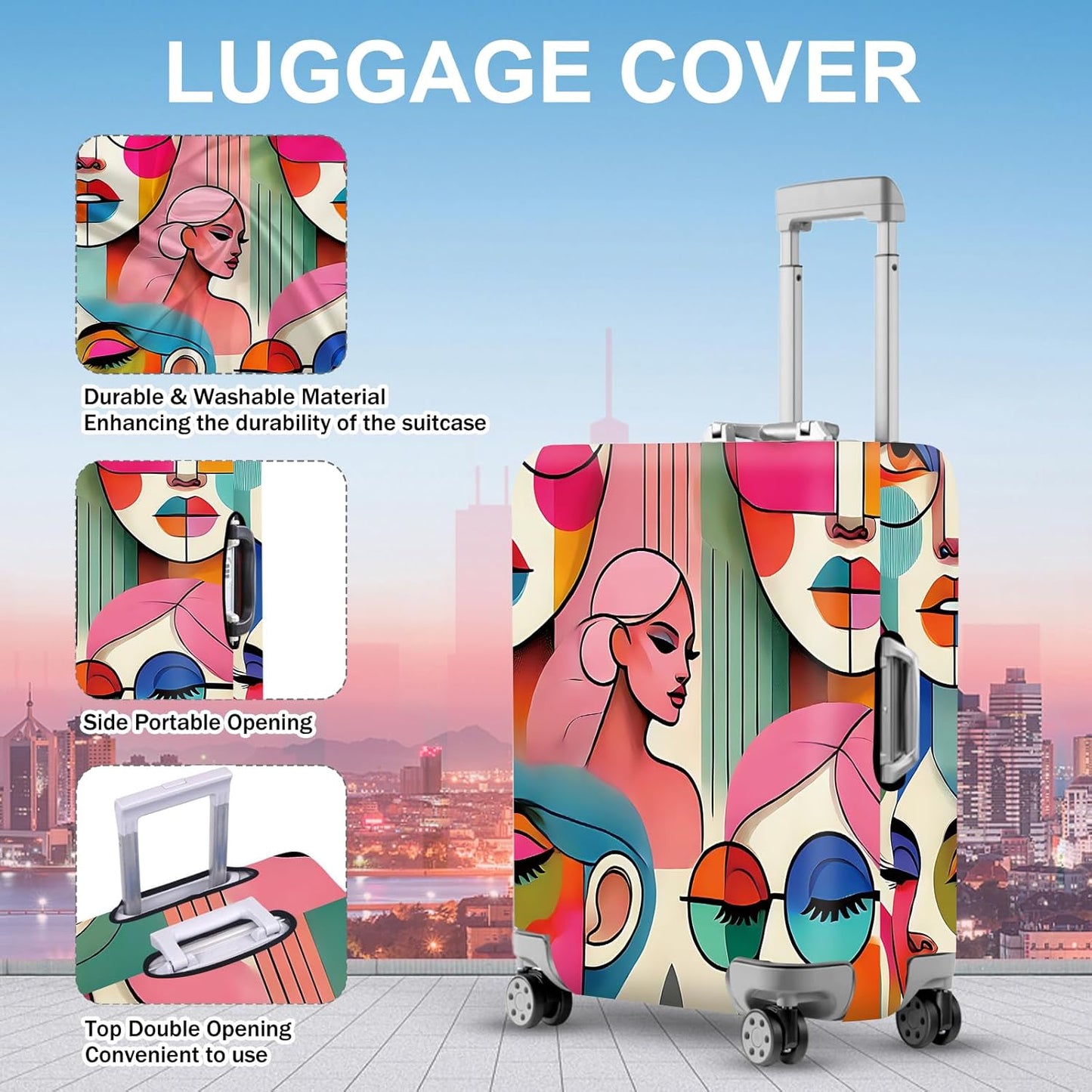 ANNA QUEEN Modern Art Fashion Luggage Cover, Stylish Abstract Woman Suitcase Protector, Washable, Stretchable Travel Sleeve for 24-26 Inch Luggage, Trendy, Colorful Design