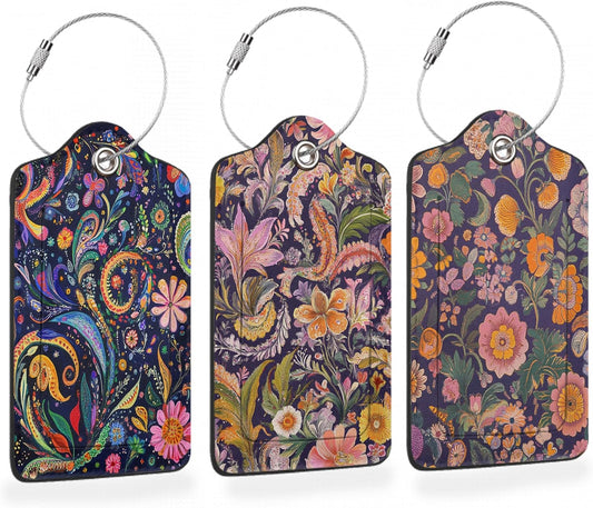 Colorful Boho Floral 3 PCS PU Leather Luggage Tags for Suitcase, Luggage Tag with Privacy Flap, Name ID Label and Metal Loop for Women Men Baggage Handbag School Bag Backpack