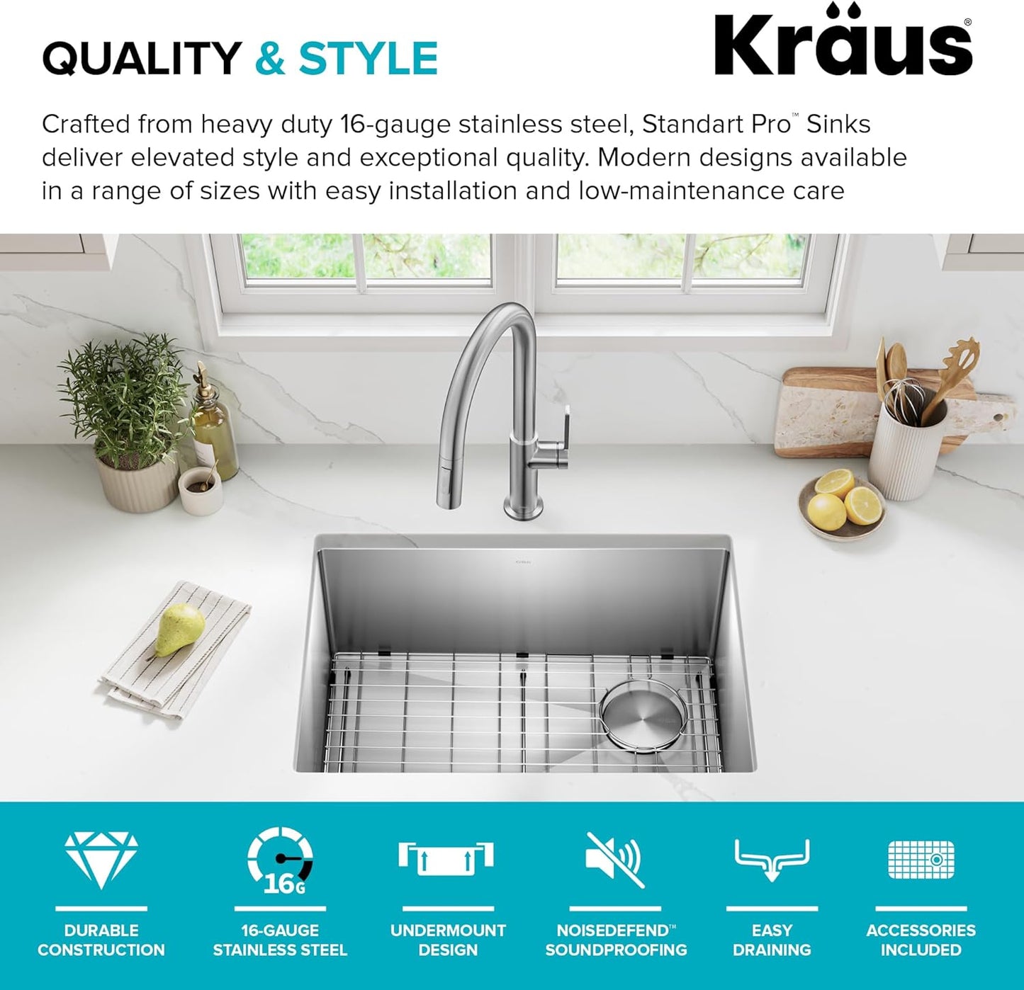 Kraus KHU111-25 Standart PRO 16 Gauge Undermount Single Bowl Stainless Steel Kitchen Sink, 25 Inch