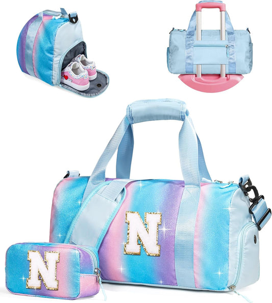 Gift Ideas for Kids Girls-Girl Gym Bag with Shoe Compartment, Kid Personalized Weekender Overnight Bags, Initial Travel Tote with Makeup Pouch, Graduation Gifts Granddaughter (Letter N)