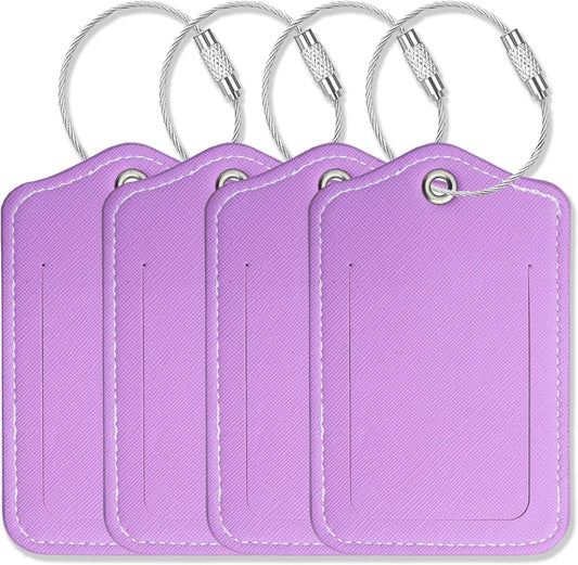 Luggage Tags for Suitcases-Leather Luggage Tag 4 Pack with Loops Cute Bag/Backpack/Suitcase Tags Travel Essentials for Flying (Violet)