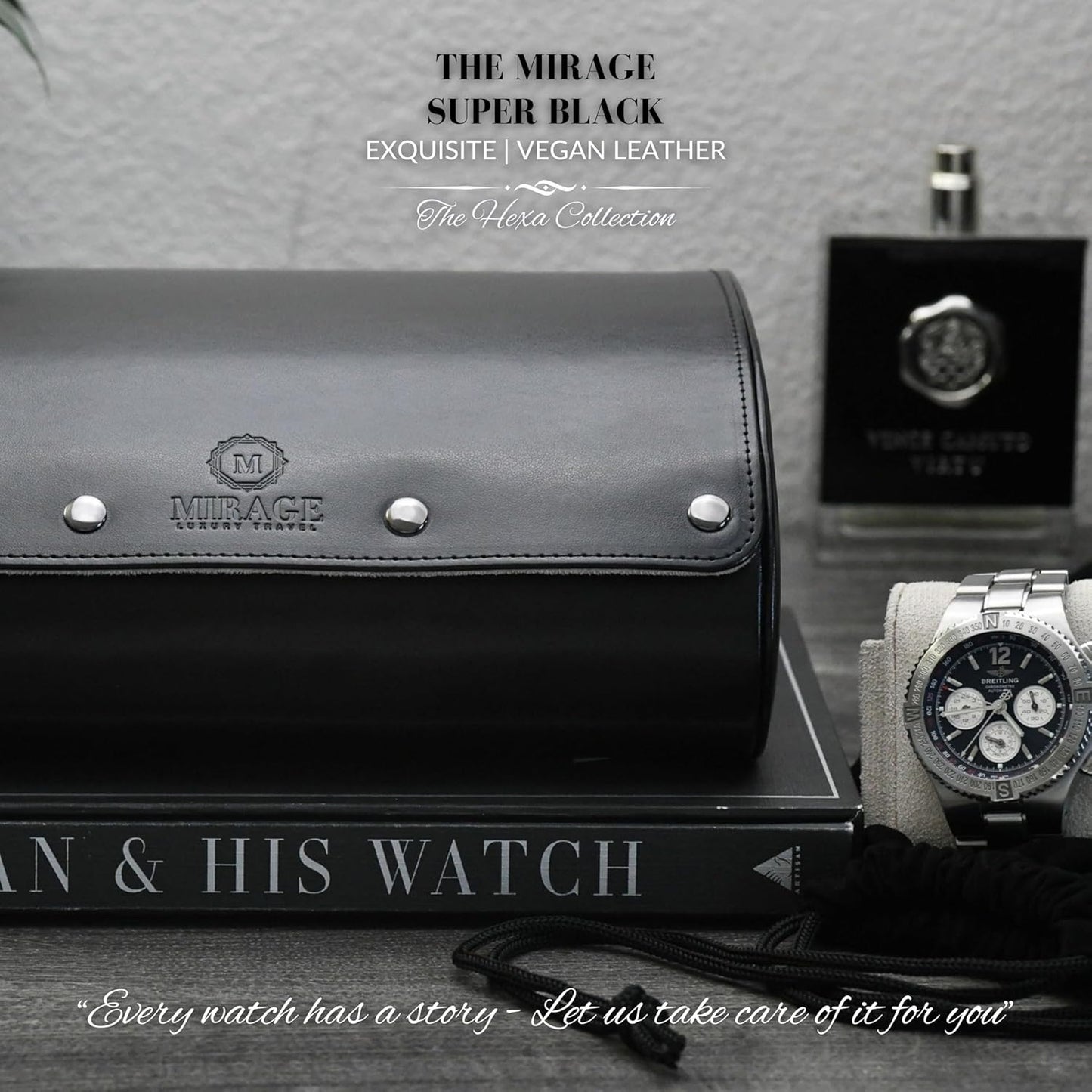 Black Watch Case for Men - 6-watch Roll Travel Case by Mirage - Super Black motif design